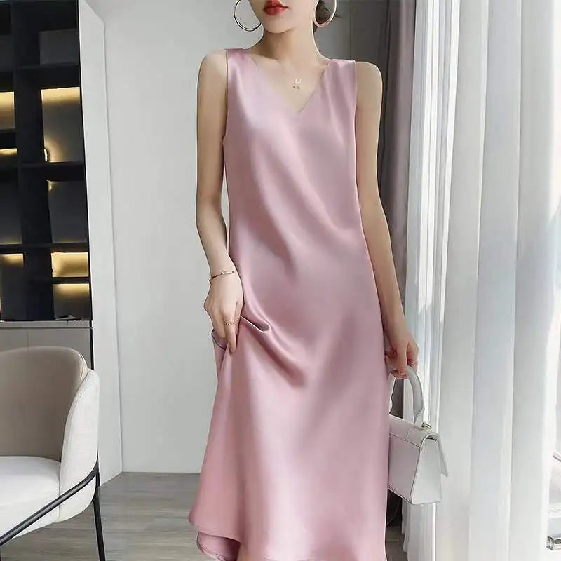 V-Neck Sleeveless Satin Party Long Maxi Dress Casual Sundress