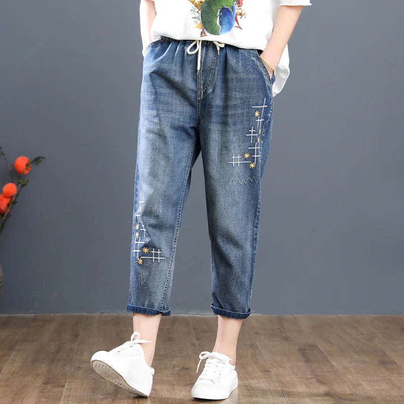 Harem Multi-Style Washed Hole Embroidery Casual Denim Pants