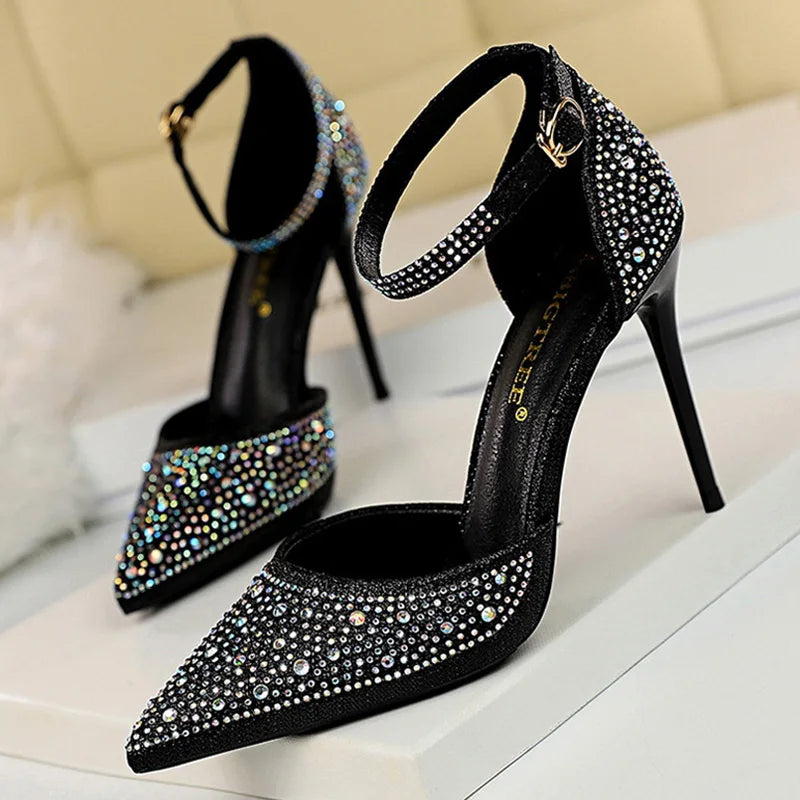 Shoes Shiny Rhinestones High Heels Ladies Shoes Pumps Stiletto Sandals 10 Cm