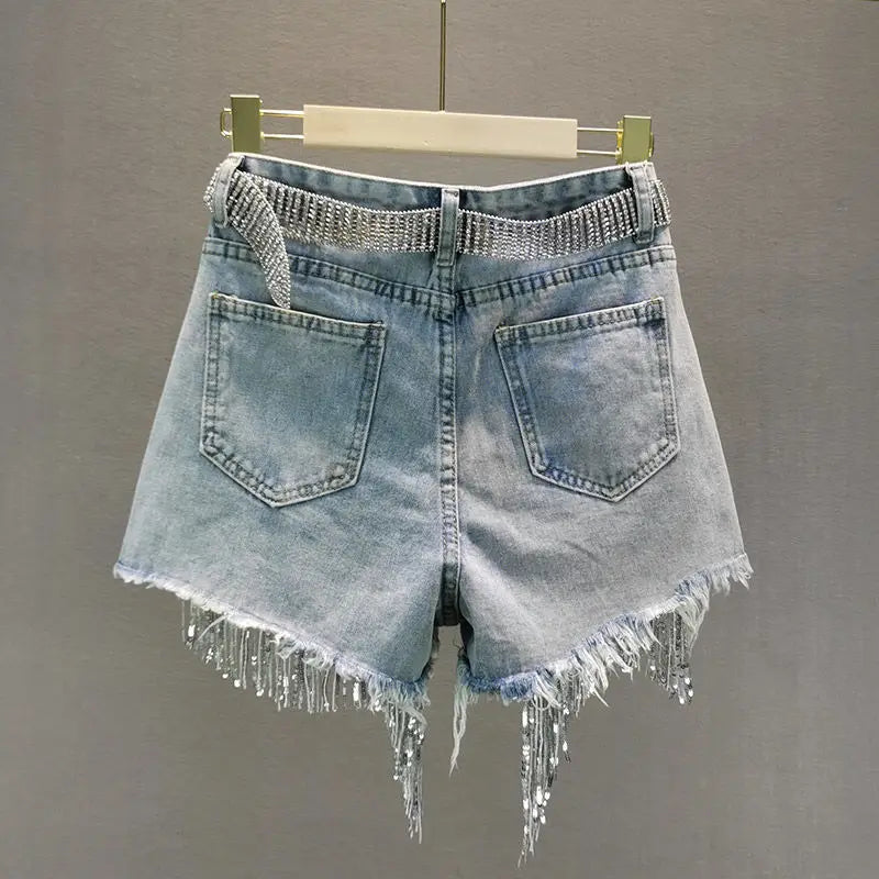 Summer Lady Tassel Beading High Waist Wide Leg Denim Shorts