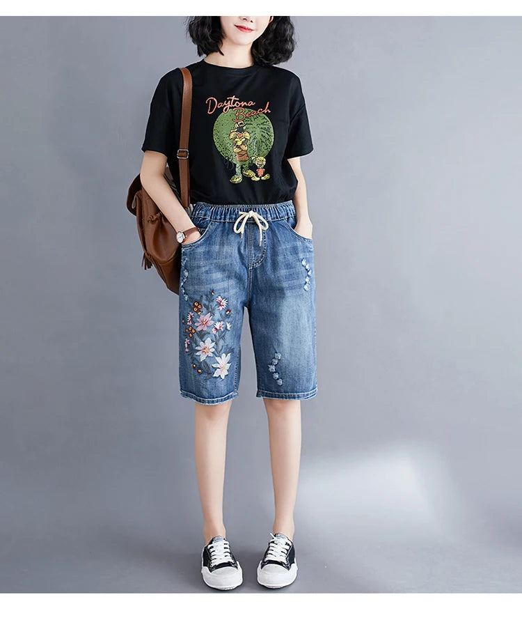 Style Elastic Waist Floral Embroidery Drawstring Ripped Shorts