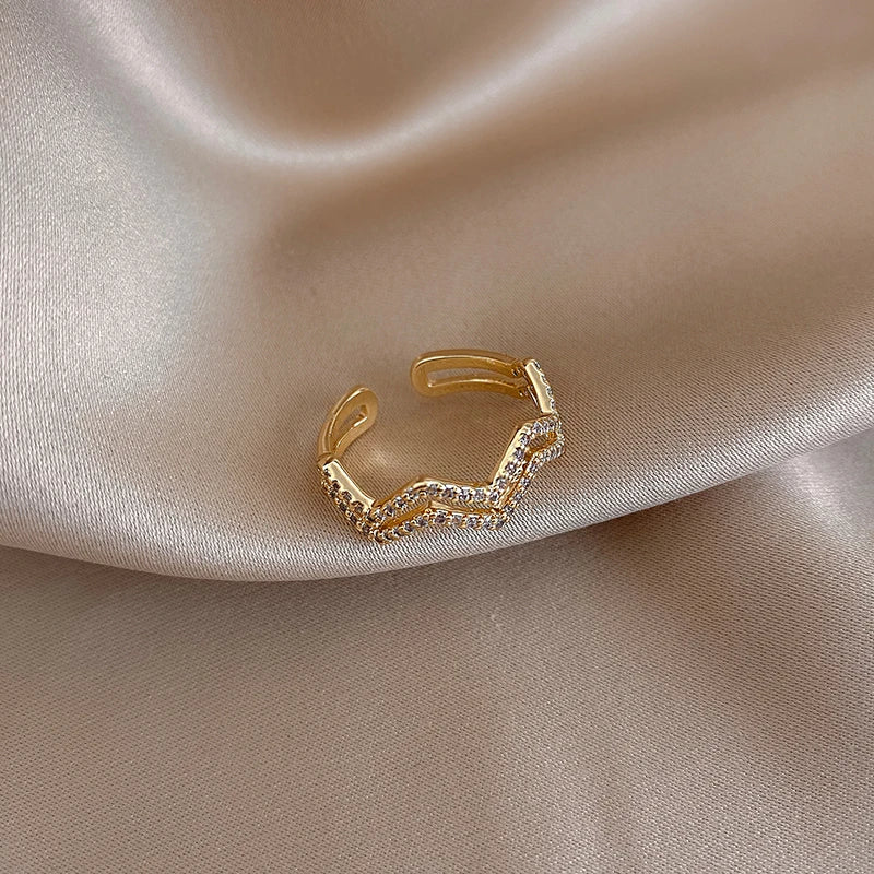 Double Wave Shape Zircon Gold Color Rings Finger Jewelry