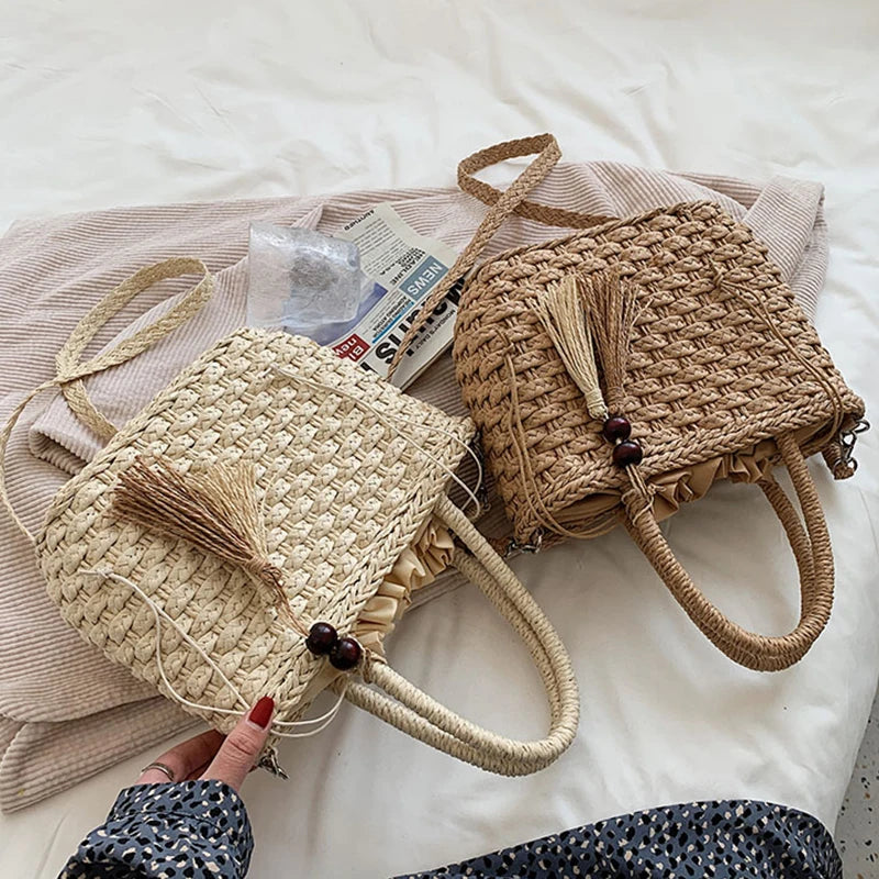 Fashion Tassel Straw Handbag Beach Hand-Woven Rattan Purse