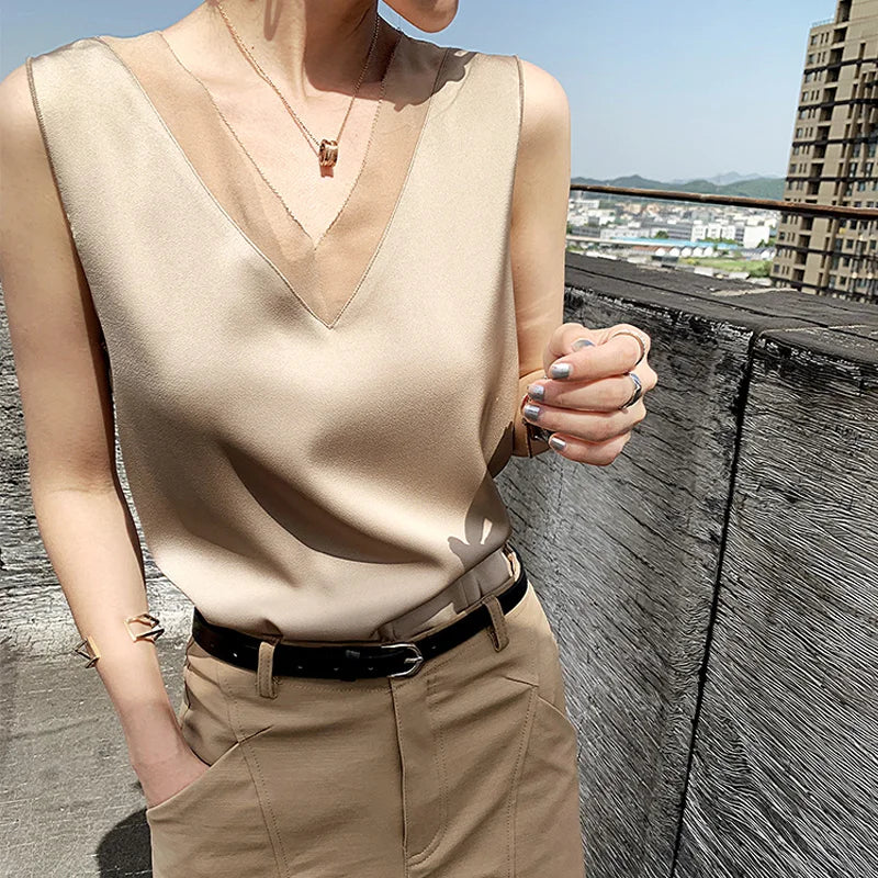 Vintage Office Satin Silk Blouse Basic Chiffon Tops Shirt