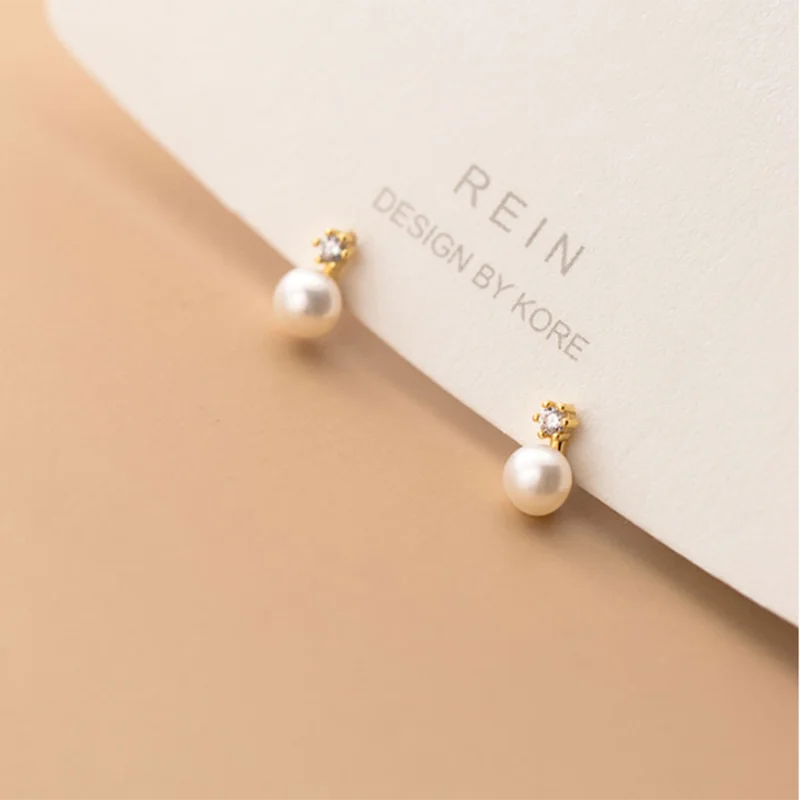 Geometric Zircon Pearl Mini Small Stud Earrings Chic Jewelry