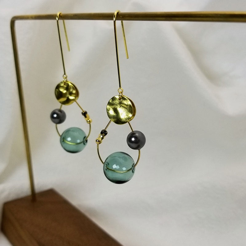 Design Vintage Glass Ball Circle Dangle Long Earrings