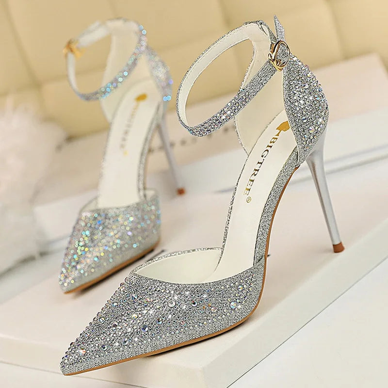 Shoes Shiny Rhinestones High Heels Ladies Shoes Pumps Stiletto Sandals 10 Cm