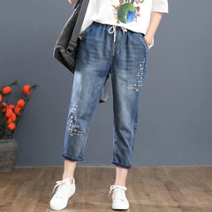 Harem Multi-Style Washed Hole Embroidery Casual Denim Pants