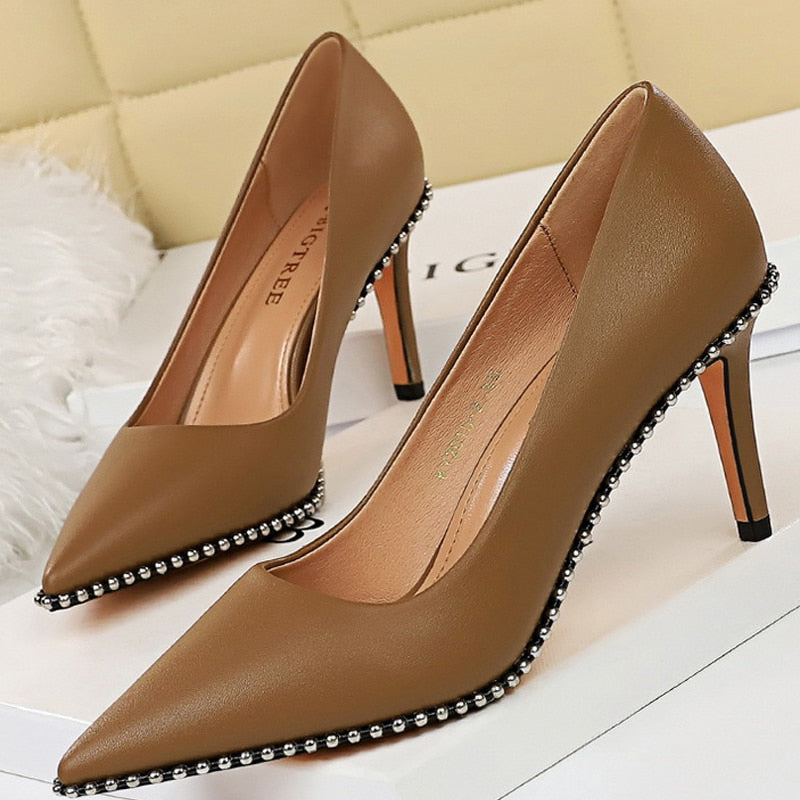 Shoes Rivet Woman Pumps High Heels Stiletto Pu Leather