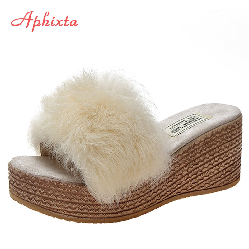 Wedge Heels Warm Fur Slippers Wood Grain Women's Shoes