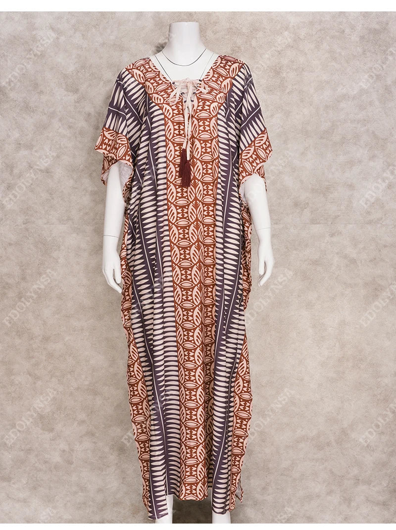 Retro Kaftan Boho Printed V-neck Tassel Maxi Dress