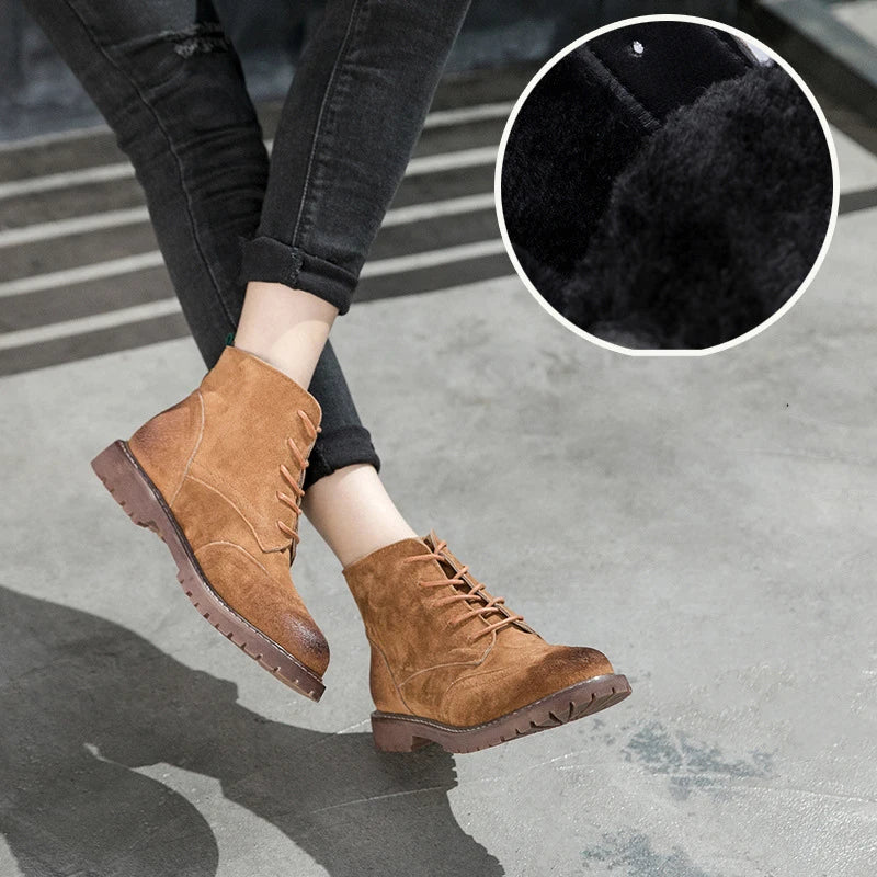 Autumn Female Boots Genuine Leather Women Shoes Suede Retro Trend