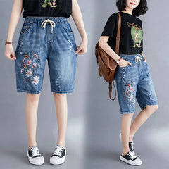 Style Elastic Waist Floral Embroidery Drawstring Ripped Shorts