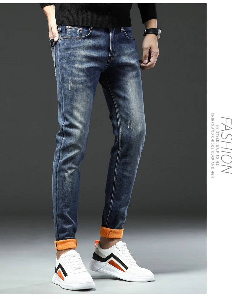 Fleece Thick Warm Pencil Jeans Classic Pocket Men's Trendy Fashion