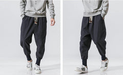Cotton Linen Harem Pants Men Solid Elastic Waist Streetwear Joggers