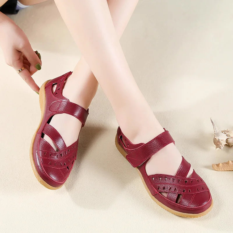 Women Genuine Leather Hollow White Shoes Sandals Flats Loafers