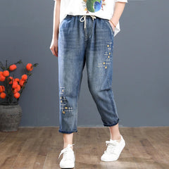 Harem Multi-Style Washed Hole Embroidery Casual Denim Pants