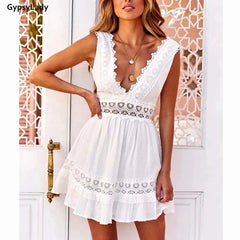 Cotton Lace Mini Dress Summer Backless Ruffle Ladies