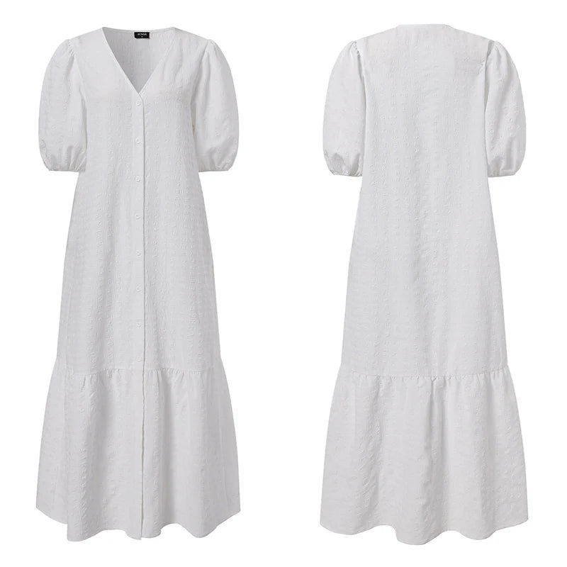 Summer Casual Solid Color Robe V Neck Puff Sleeve Stylish Maxi Sundress