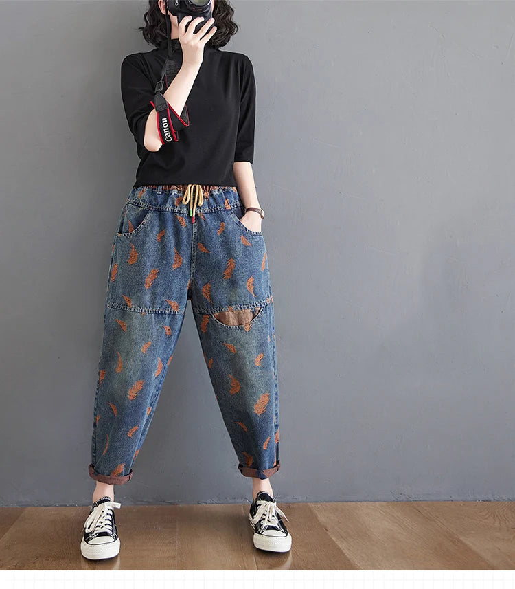 Jeans For Women Spring Street Embroidery Color Contrast Loose