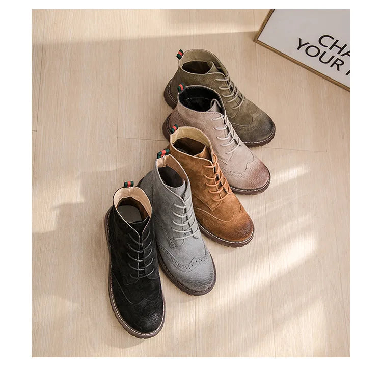 Autumn Female Boots Genuine Leather Women Shoes Suede Retro Trend