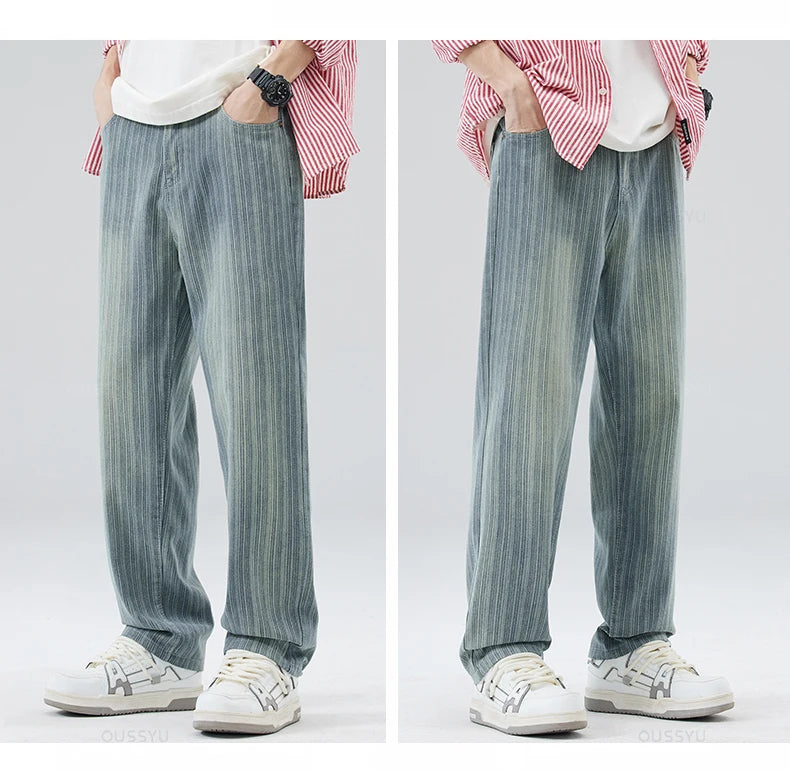 Classic Retro Stripes Men's Jeans Baggy Straight Denim Pants Striped