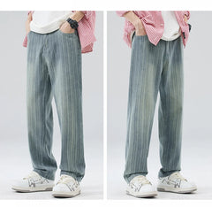 Classic Retro Stripes Men's Jeans Baggy Straight Denim Pants Striped