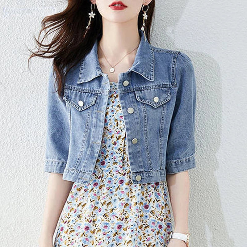 Vintage Crops Trendy Turn Down Collar Basic Denim Jacket