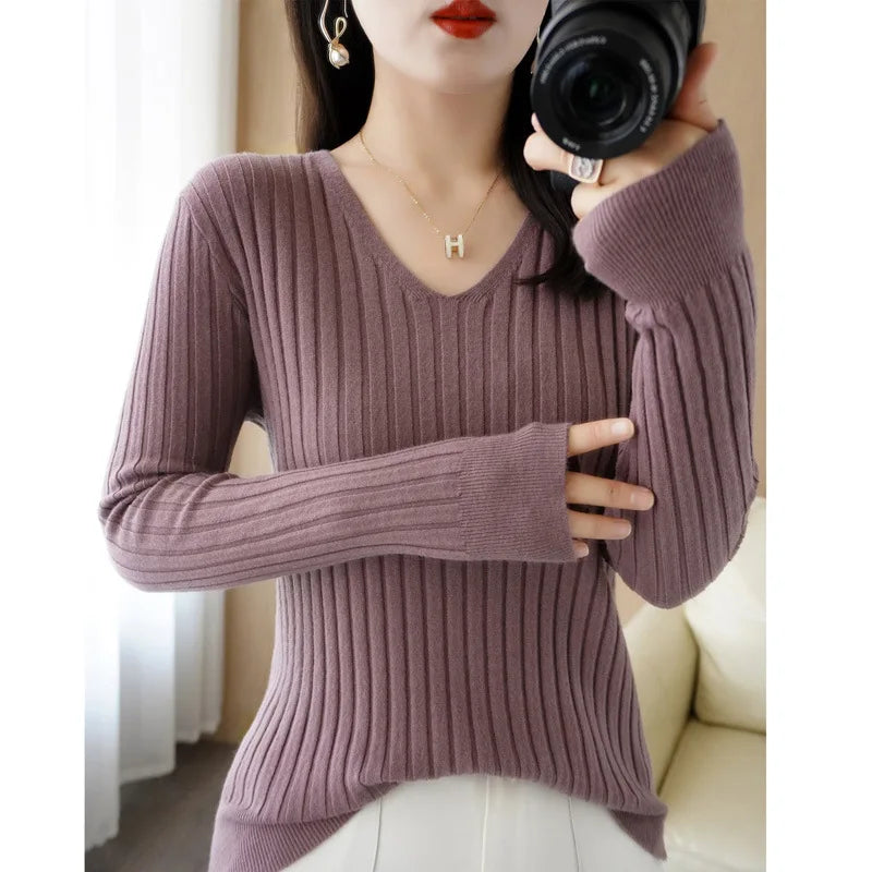 Sweater V-neck Warm Pullovers Long Sleeve Basic Tops