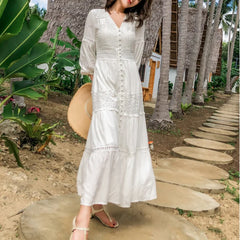 Lantern Sleeve Cotton Splice Lace Long Dresses