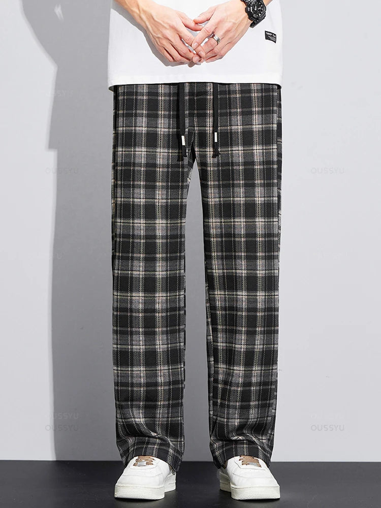 Classics Plaid Casual Pants Loose Straight Wide Leg Elastic Waist Jogger