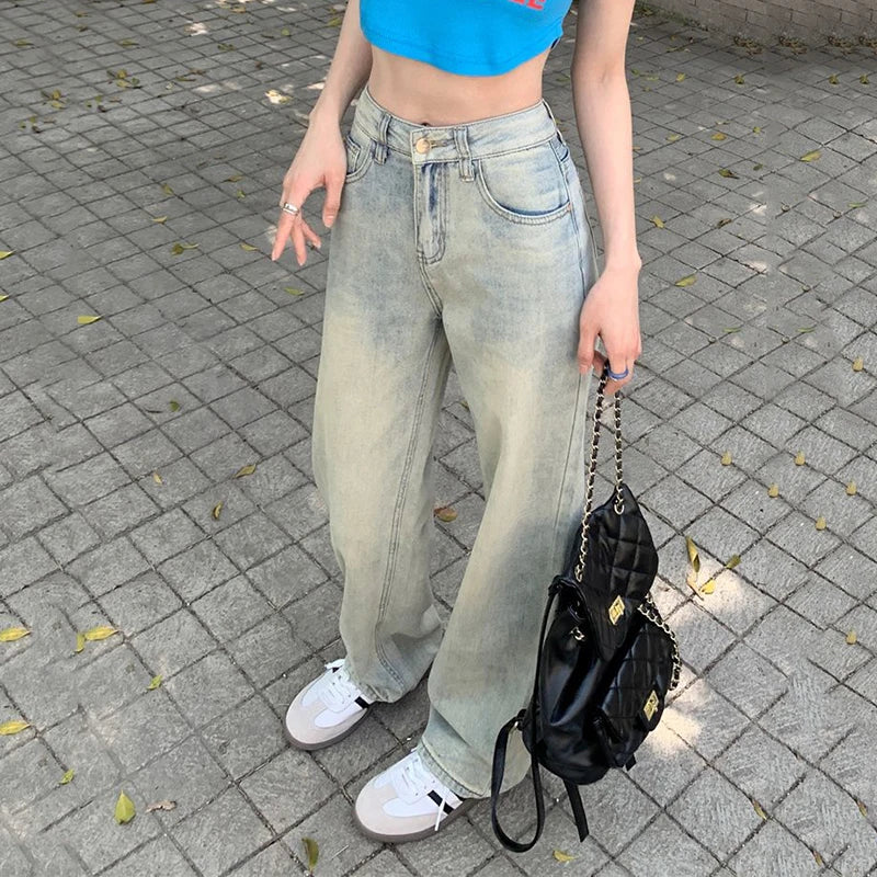 Washed Jeans for Vintage Distressed High Waist Denim Trousers