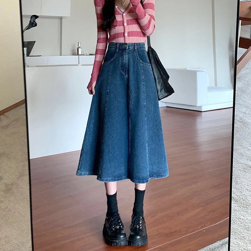 High Waist Retro Blue Denim A-Line Long Skirt