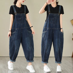 Fashion Women's Multi Pocket Cargo Suspender Vintage Patchwork Denim