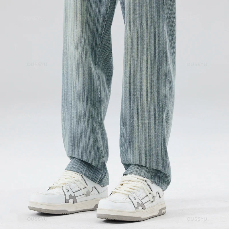 Classic Retro Stripes Men's Jeans Baggy Straight Denim Pants Striped