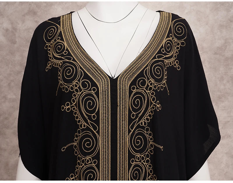 Embroidered Kaftan Long Black Tunic Loose Maxi Dress