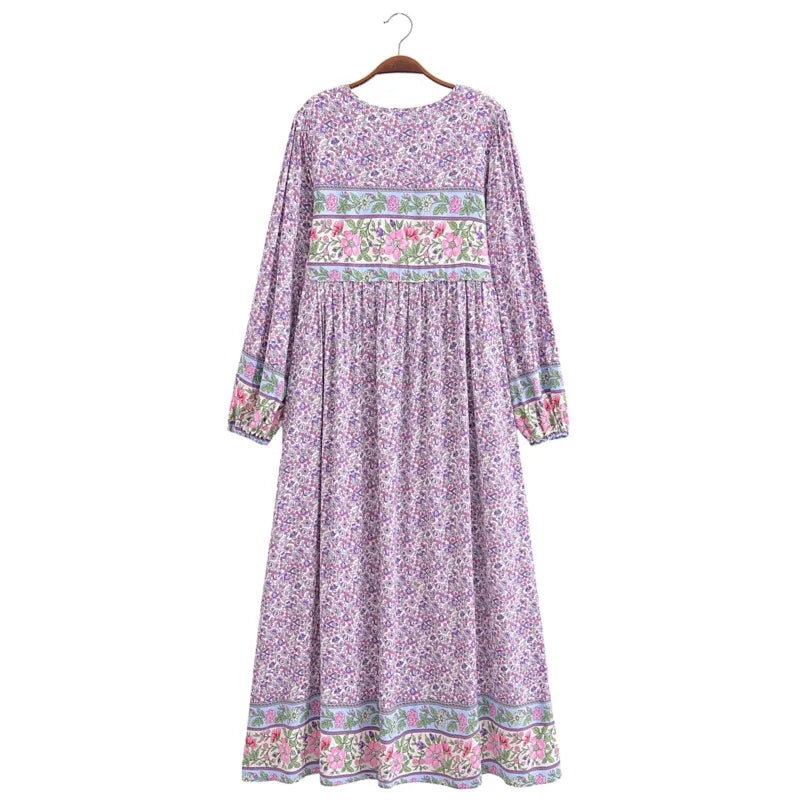 BOHO Lavender Small Flower Print Bow Lacing up Neck Long Straight Dress