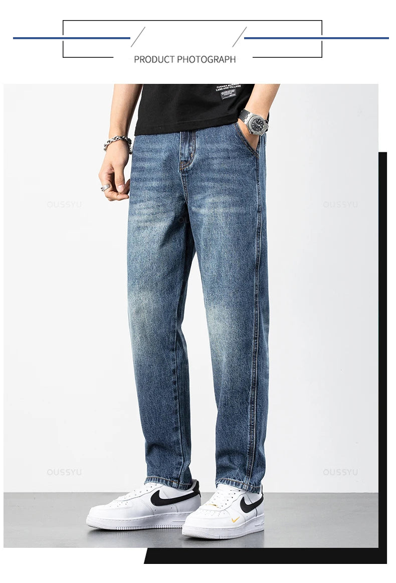 Men Harem Ankle Length Pants Classic Retro Denim Trousers Male