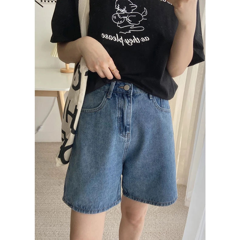 Classic Denim Shorts Summer Blue High Waisted Shorts Casual Wide Leg