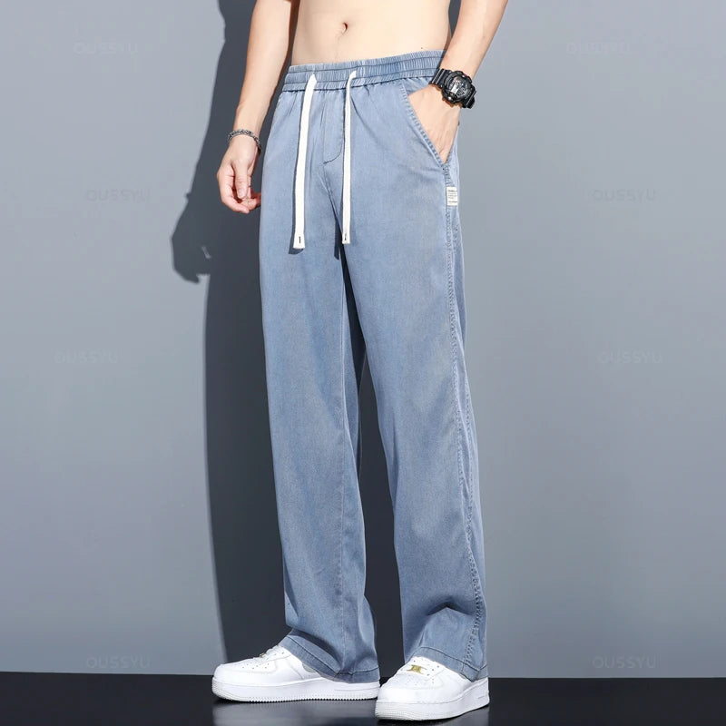 Summer Men's Jeans Thin Loose Straight Pants Drawstring Elastic Waist