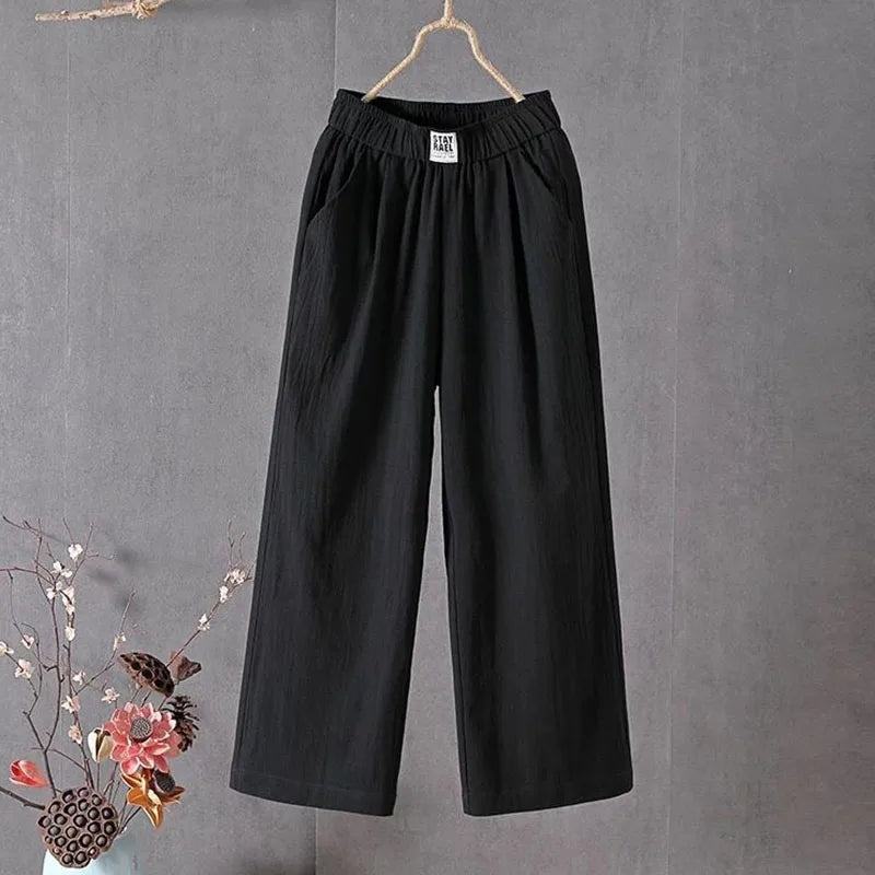 Summer Elastic Waist Women's Pants Casual Solid Cotton Linen Ankle Length