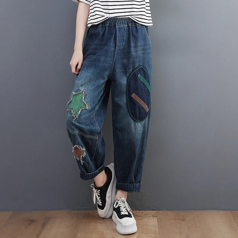 Fashion Vintage Chic Star Patchwork Jeans Retro