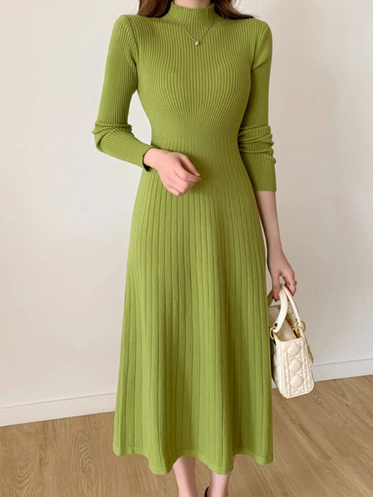 Long Sleeve Midi Knitted Half High Collar Elegant Knitted Sweater Dresses