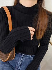 Autumn Winter Knitted Ribbed Turtleneck Sweater Clothes