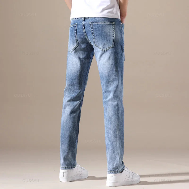 Men Jeans Slim Fit Skinny Denim Elastic Ripped Hole Pant