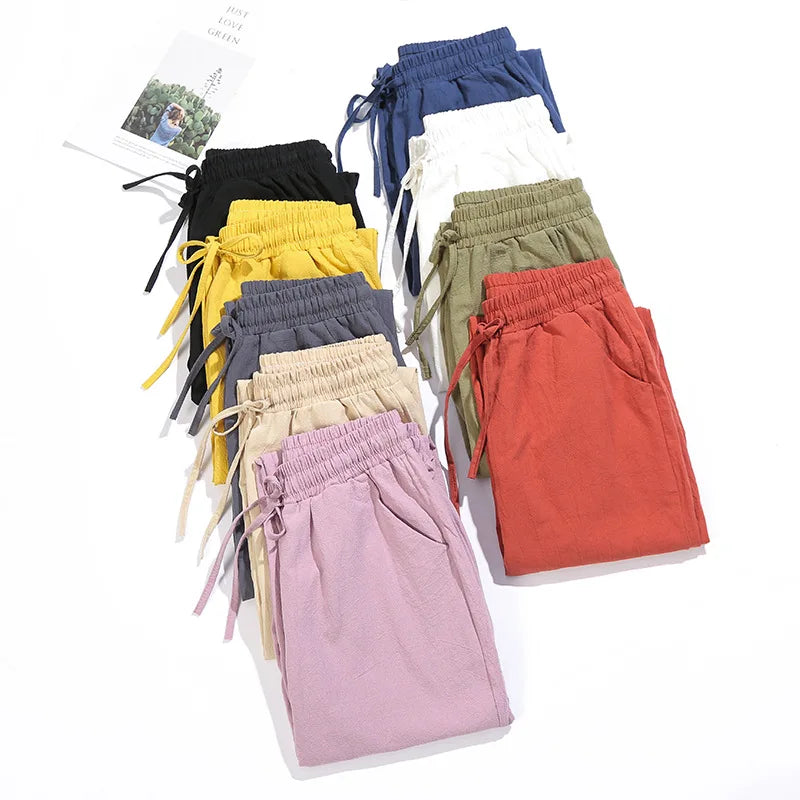 Women Pants Ankle Length Casual Straight Pencil Solid Elastic Waist Harem