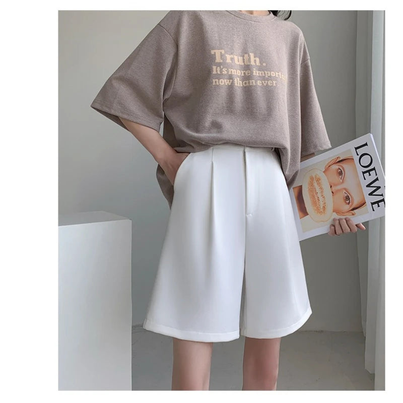 Summer Suit Shorts Women Casual Loose Wide-leg High Waist