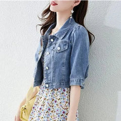 Vintage Crops Trendy Turn Down Collar Basic Denim Jacket