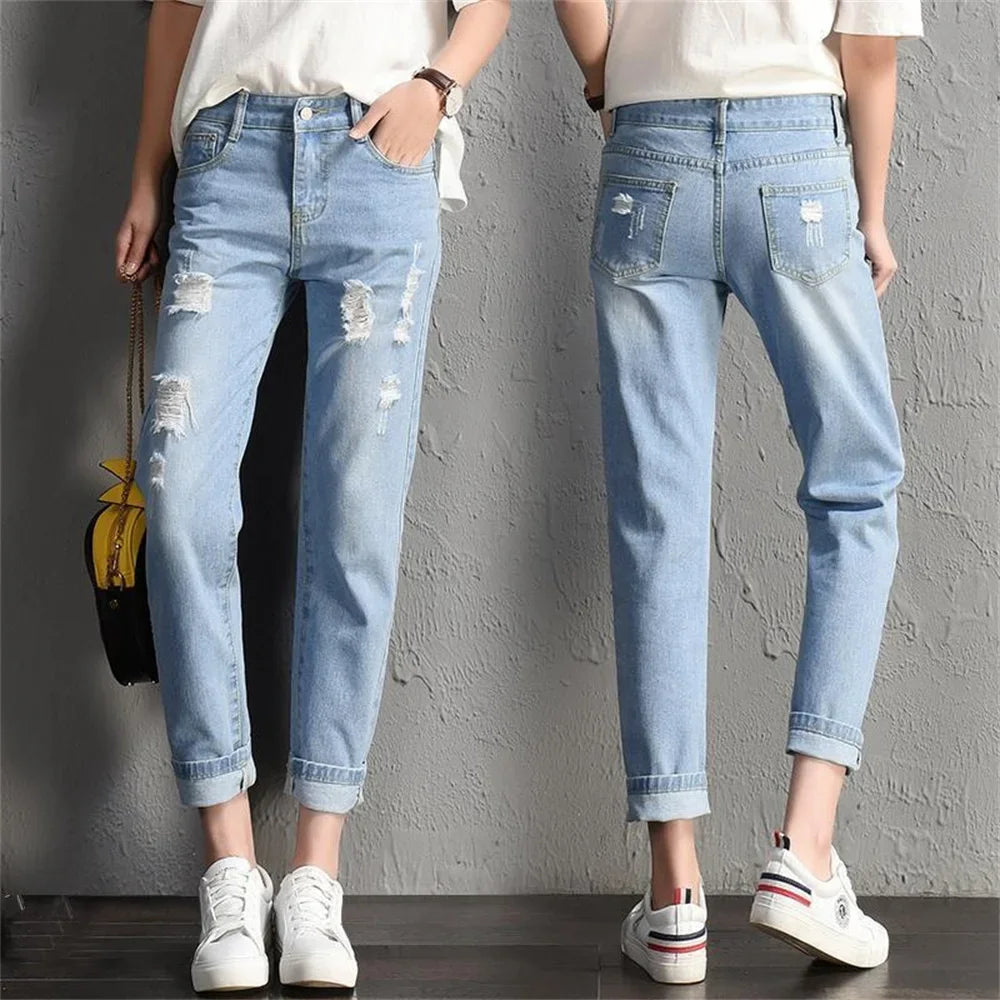 Fashion Mid Waist Boyfriend Big Ripped Hole Jeans Casual Denim Pants