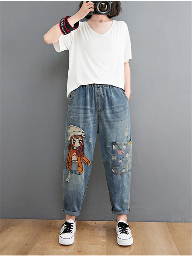 Embroidery Denim Pants For Women Trendy Casual High Waist